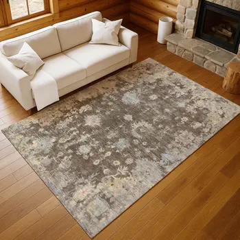 9' X 12' Chocolate And Beige Floral Washable Indoor Outdoor Area Rug
