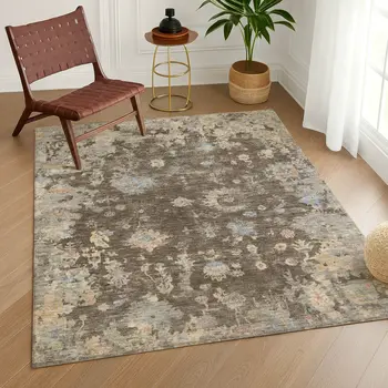 9' X 12' Chocolate And Beige Floral Washable Indoor Outdoor Area Rug