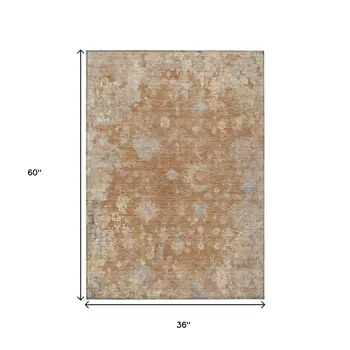 3' X 5' Copper And Beige Floral Washable Indoor Outdoor Area Rug