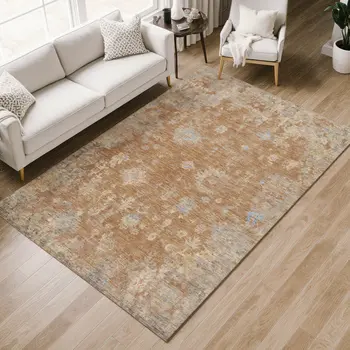 3' X 5' Copper And Beige Floral Washable Indoor Outdoor Area Rug