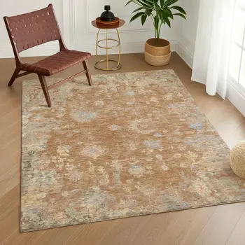 3' X 5' Copper And Beige Floral Washable Indoor Outdoor Area Rug