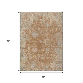 5' X 8' Copper And Beige Floral Washable Indoor Outdoor Area Rug