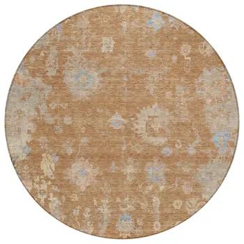 8' Copper And Beige Round Floral Washable Indoor Outdoor Area Rug