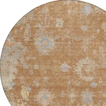 8' Copper And Beige Round Floral Washable Indoor Outdoor Area Rug