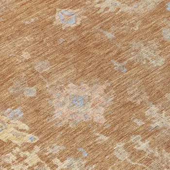 8' Copper And Beige Round Floral Washable Indoor Outdoor Area Rug
