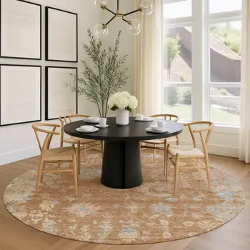 8' Copper And Beige Round Floral Washable Indoor Outdoor Area Rug