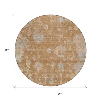 8' Copper And Beige Round Floral Washable Indoor Outdoor Area Rug