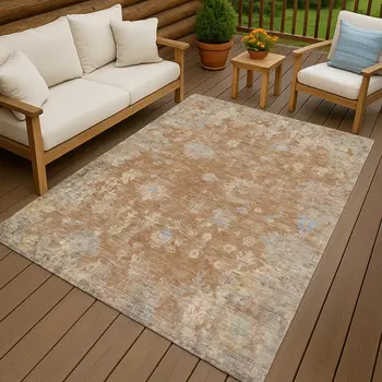 8' X 10' Copper And Beige Floral Washable Indoor Outdoor Area Rug
