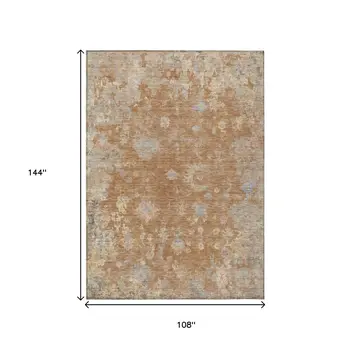 9' X 12' Copper And Beige Floral Washable Indoor Outdoor Area Rug