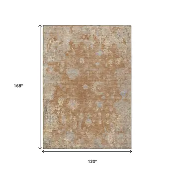 10' X 14' Copper And Beige Floral Washable Indoor Outdoor Area Rug