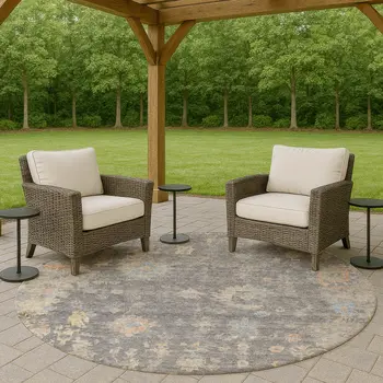 8' Gray And Beige Round Floral Washable Indoor Outdoor Area Rug