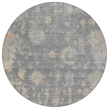 8' Gray And Beige Round Floral Washable Indoor Outdoor Area Rug