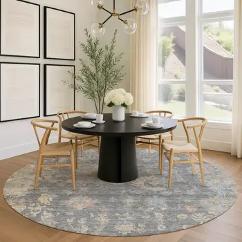 8' Gray And Beige Round Floral Washable Indoor Outdoor Area Rug