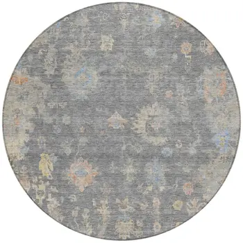 8' Gray And Beige Round Floral Washable Indoor Outdoor Area Rug