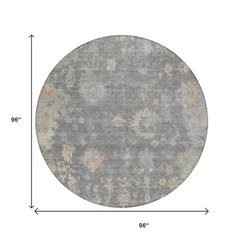 8' Gray And Beige Round Floral Washable Indoor Outdoor Area Rug
