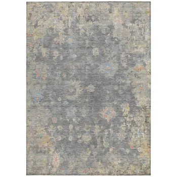 9' X 12' Gray And Beige Floral Washable Indoor Outdoor Area Rug