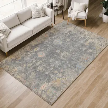 9' X 12' Gray And Beige Floral Washable Indoor Outdoor Area Rug