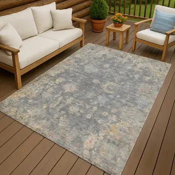 9' X 12' Gray And Beige Floral Washable Indoor Outdoor Area Rug