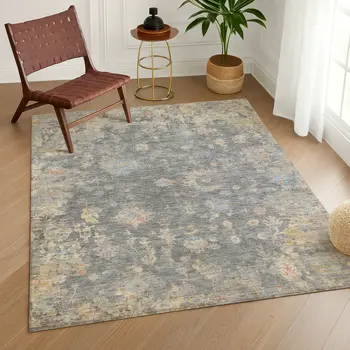 10' X 14' Gray And Beige Floral Washable Indoor Outdoor Area Rug