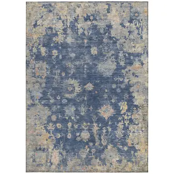 3' X 5' Navy Blue Gray And Beige Floral Washable Indoor Outdoor Area Rug