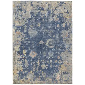 3' X 5' Navy Blue Gray And Beige Floral Washable Indoor Outdoor Area Rug
