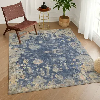 3' X 5' Navy Blue Gray And Beige Floral Washable Indoor Outdoor Area Rug