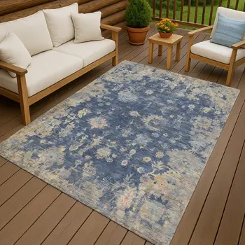 3' X 5' Navy Blue Gray And Beige Floral Washable Indoor Outdoor Area Rug