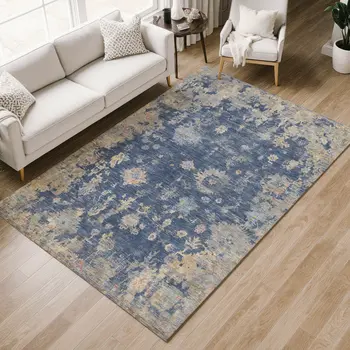 5' X 8' Navy Blue Gray And Beige Floral Washable Indoor Outdoor Area Rug