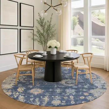 8' Navy Blue Gray And Beige Round Floral Washable Indoor Outdoor Area Rug
