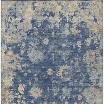 9' X 12' Navy Blue Gray And Beige Floral Washable Indoor Outdoor Area Rug