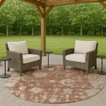 8' Chili Red And Beige Round Floral Washable Indoor Outdoor Area Rug