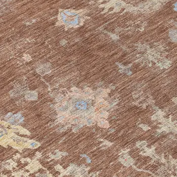 8' Chili Red And Beige Round Floral Washable Indoor Outdoor Area Rug