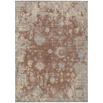 8' X 10' Chili Red And Beige Floral Washable Indoor Outdoor Area Rug