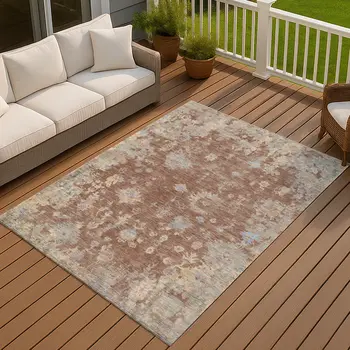 9' X 12' Chili Red And Beige Floral Washable Indoor Outdoor Area Rug