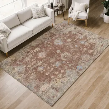 9' X 12' Chili Red And Beige Floral Washable Indoor Outdoor Area Rug