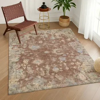 9' X 12' Chili Red And Beige Floral Washable Indoor Outdoor Area Rug