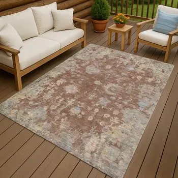 9' X 12' Chili Red And Beige Floral Washable Indoor Outdoor Area Rug