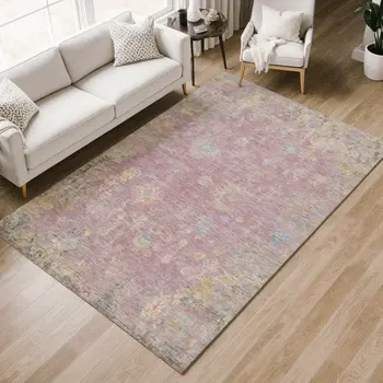 3' X 5' Pink Beige And Gray Floral Washable Indoor Outdoor Area Rug