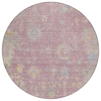 8' Pink Beige And Gray Round Floral Washable Indoor Outdoor Area Rug
