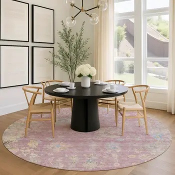 8' Pink Beige And Gray Round Floral Washable Indoor Outdoor Area Rug