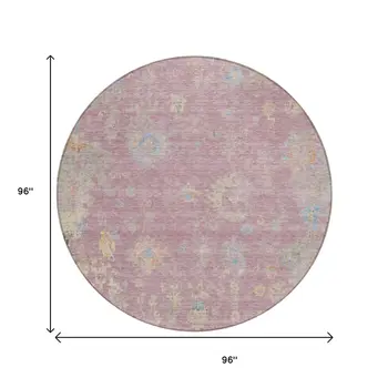 8' Pink Beige And Gray Round Floral Washable Indoor Outdoor Area Rug
