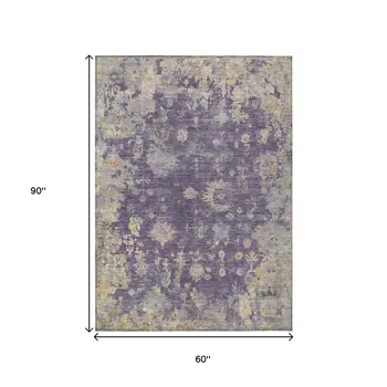 5' X 8' Plum Beige And Gray Floral Washable Indoor Outdoor Area Rug