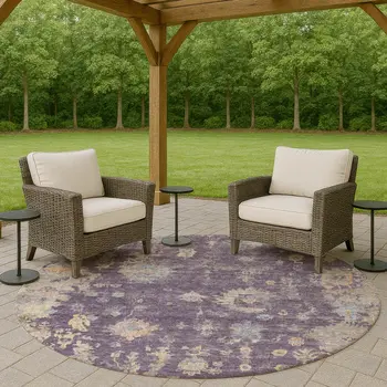 8' Plum Beige And Gray Round Floral Washable Indoor Outdoor Area Rug