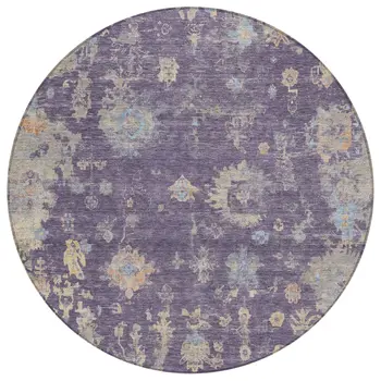 8' Plum Beige And Gray Round Floral Washable Indoor Outdoor Area Rug