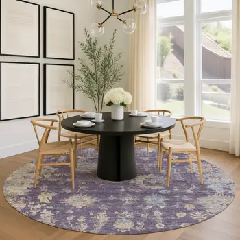 8' Plum Beige And Gray Round Floral Washable Indoor Outdoor Area Rug
