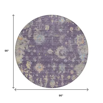 8' Plum Beige And Gray Round Floral Washable Indoor Outdoor Area Rug