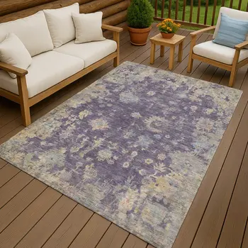 8' X 10' Plum Beige And Gray Floral Washable Indoor Outdoor Area Rug
