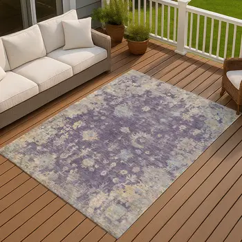 10' X 14' Plum Beige And Gray Floral Washable Indoor Outdoor Area Rug