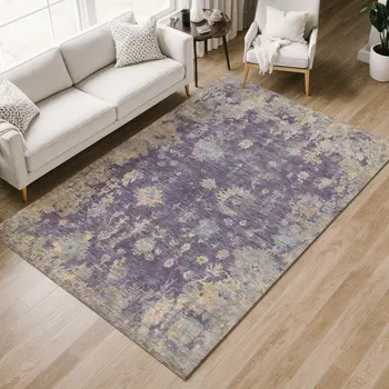 10' X 14' Plum Beige And Gray Floral Washable Indoor Outdoor Area Rug