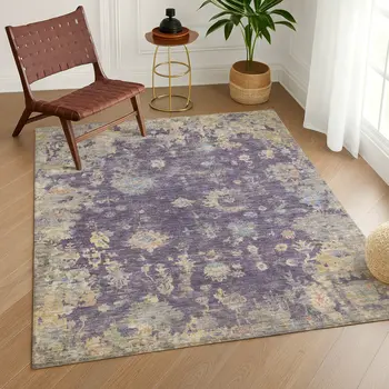 10' X 14' Plum Beige And Gray Floral Washable Indoor Outdoor Area Rug